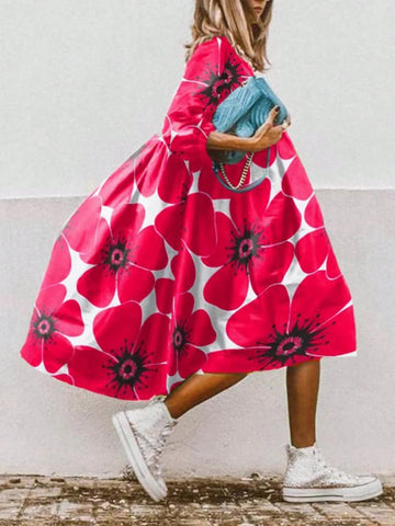 Women's Summer Floral Print Vacation V-Neck Lantern Sleeve Cute Dress