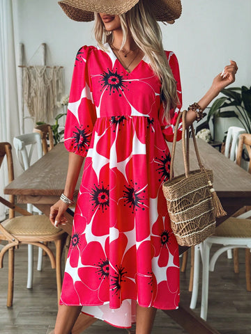 Women's Summer Floral Print Vacation V-Neck Lantern Sleeve Cute Dress