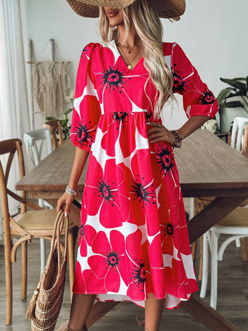 Women's Summer Floral Print Vacation V-Neck Lantern Sleeve Cute Dress