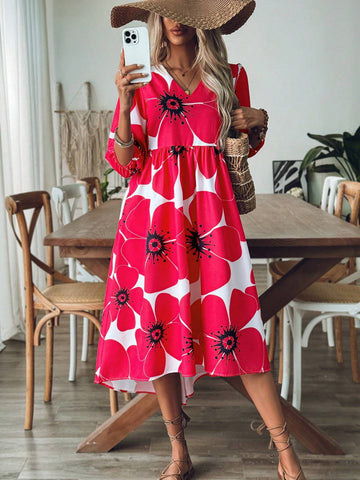 Women's Summer Floral Print Vacation V-Neck Lantern Sleeve Cute Dress
