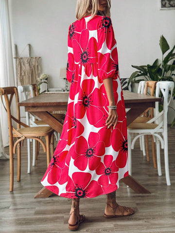 Women's Summer Floral Print Vacation V-Neck Lantern Sleeve Cute Dress