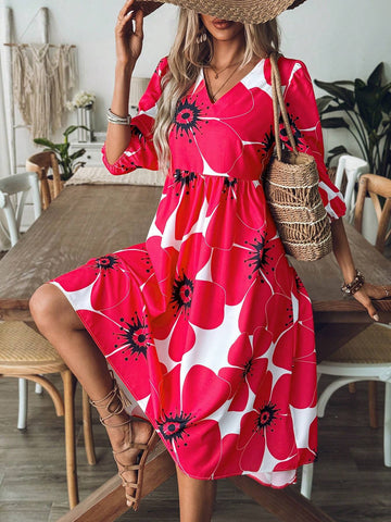Women's Summer Floral Print Vacation V-Neck Lantern Sleeve Cute Dress