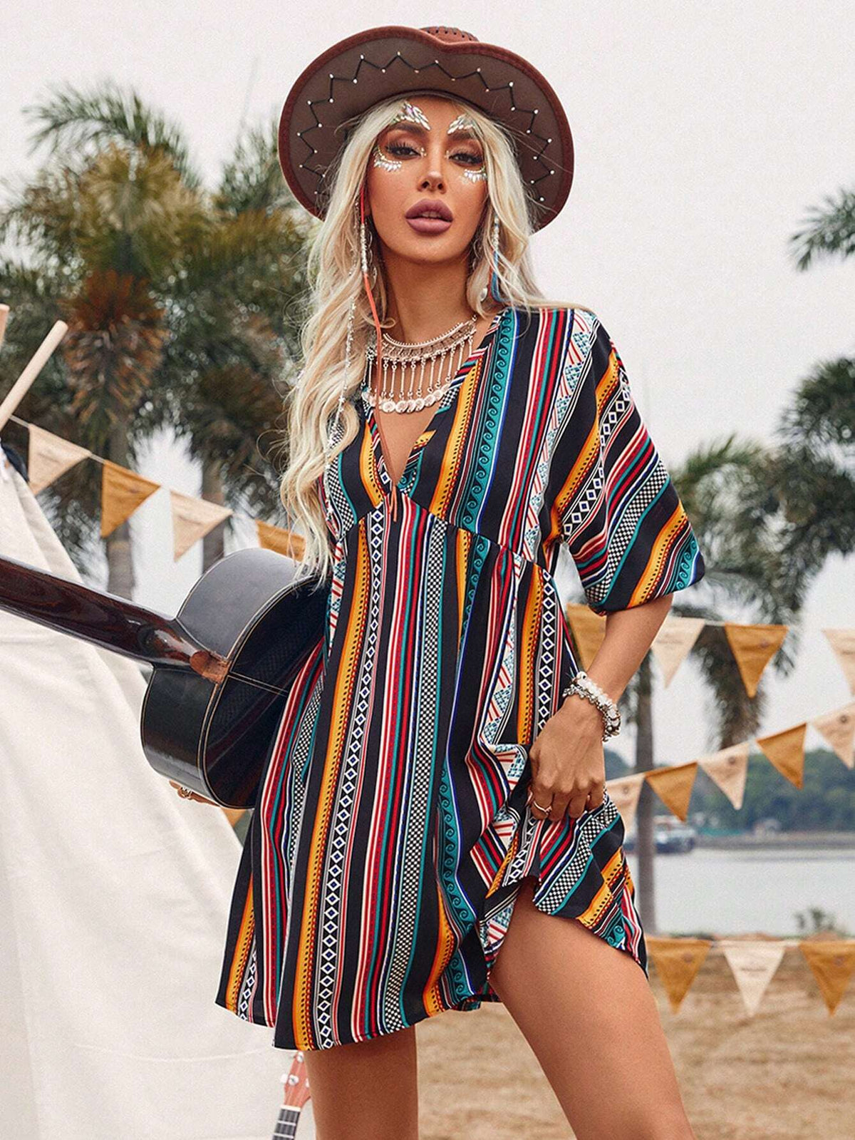 Women's Summer Geometric Printed Batwing Sleeve Casual Dress