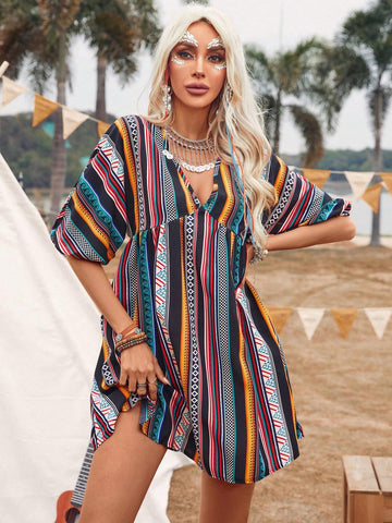 Women's Summer Geometric Printed Batwing Sleeve Casual Dress