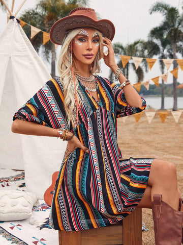 Women's Summer Geometric Printed Batwing Sleeve Casual Dress