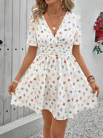 Women's Summer Holiday Casual Ditsy Floral Cinching Waist Dress