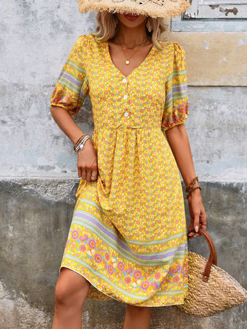Women's Summer Holiday Ditsy Floral V-Neck Short Puff Sleeve Elegant Dress