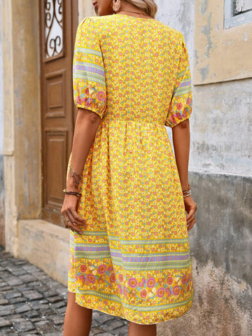 Women's Summer Holiday Ditsy Floral V-Neck Short Puff Sleeve Elegant Dress