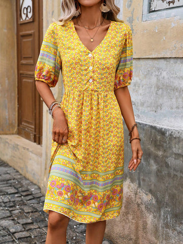 Women's Summer Holiday Ditsy Floral V-Neck Short Puff Sleeve Elegant Dress