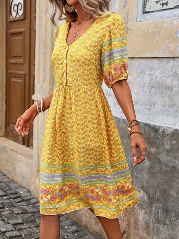 Women's Summer Holiday Ditsy Floral V-Neck Short Puff Sleeve Elegant Dress