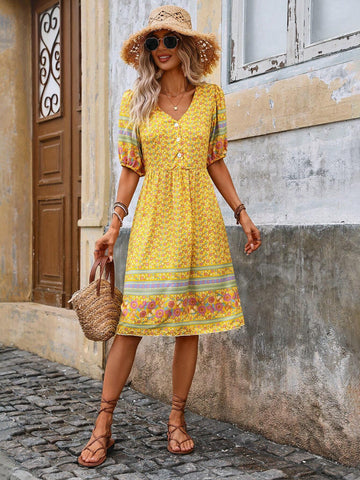 Women's Summer Holiday Ditsy Floral V-Neck Short Puff Sleeve Elegant Dress
