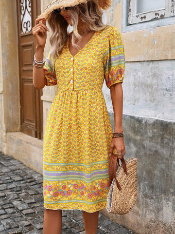 Women's Summer Holiday Ditsy Floral V-Neck Short Puff Sleeve Elegant Dress