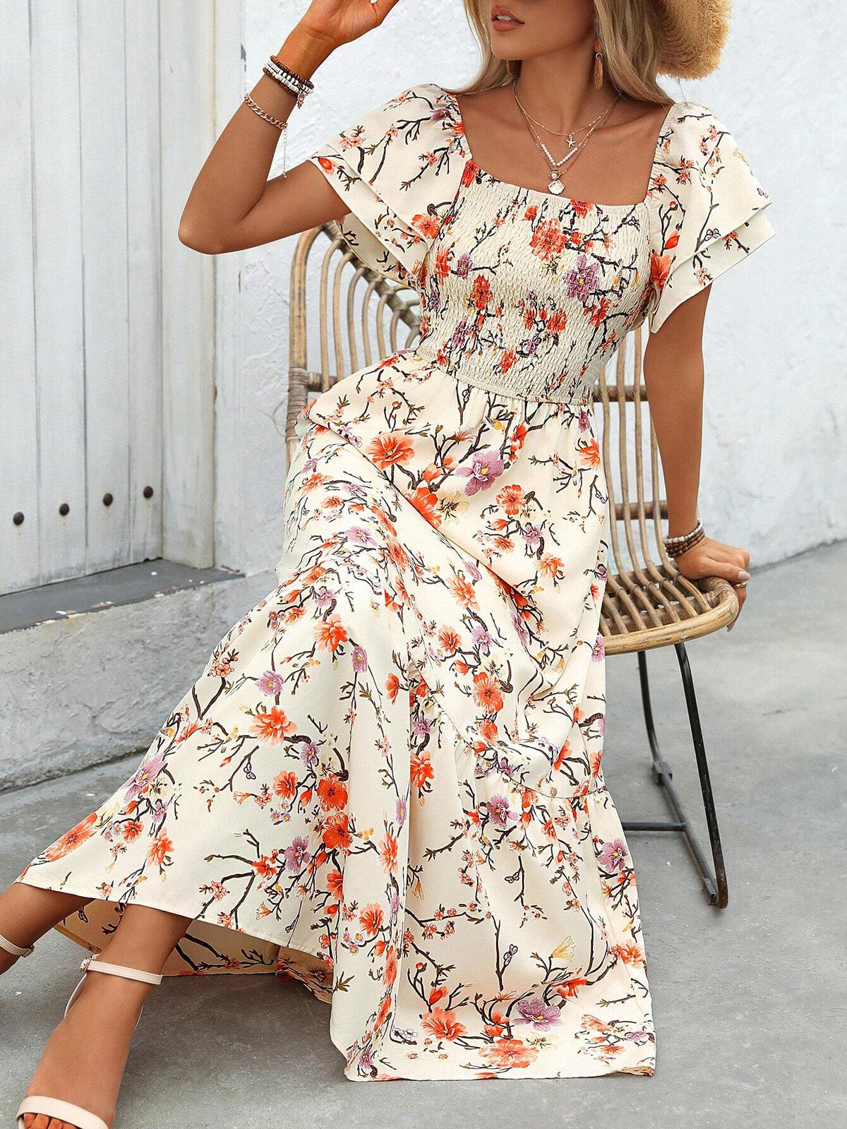 Women's Summer Holiday Floral Print Square Neck Shirred Ruffle Short Sleeve Long Elegant
