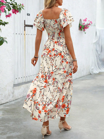 Women's Summer Holiday Floral Print Square Neck Shirred Ruffle Short Sleeve Long Elegant