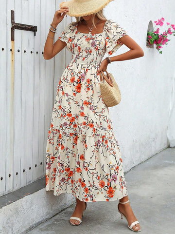Women's Summer Holiday Floral Print Square Neck Shirred Ruffle Short Sleeve Long Elegant