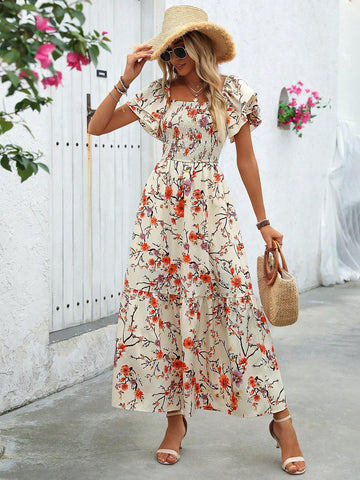 Women's Summer Holiday Floral Print Square Neck Shirred Ruffle Short Sleeve Long Elegant