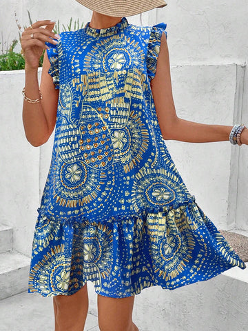 Women's Summer Holiday Floral Printed Ruffle Collar Cap Sleeve Loose Fit Dress