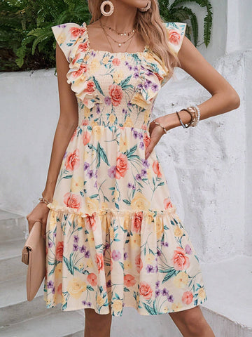 Women's Summer Holiday Floral Printed Square Neck Cap Sleeve Shirred Elegant Dress, Rando