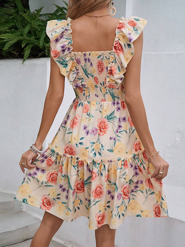 Women's Summer Holiday Floral Printed Square Neck Cap Sleeve Shirred Elegant Dress, Rando