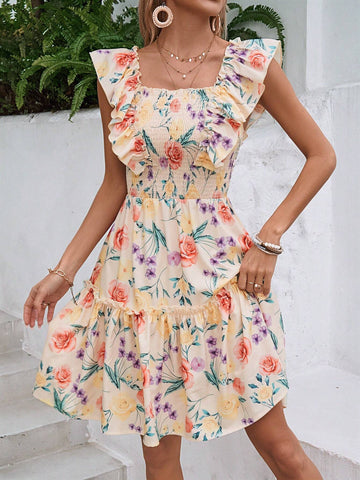 Women's Summer Holiday Floral Printed Square Neck Cap Sleeve Shirred Elegant Dress, Rando