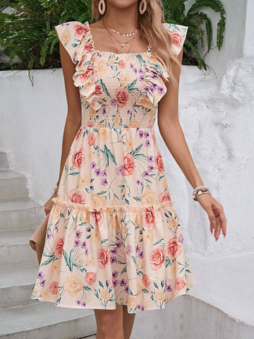 Women's Summer Holiday Floral Printed Square Neck Cap Sleeve Shirred Elegant Dress, Rando