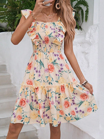 Women's Summer Holiday Floral Printed Square Neck Cap Sleeve Shirred Elegant Dress, Rando