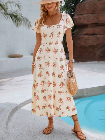 Women's Summer Holiday Floral Printed Square Neck Ruffle Short Sleeve Midi Dress