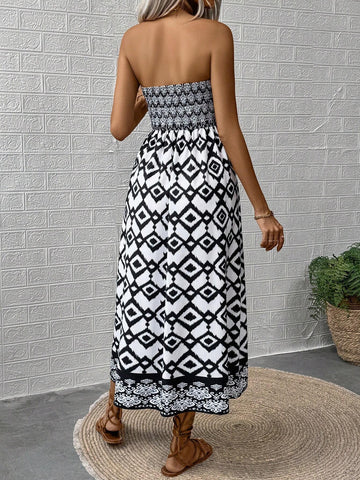 Women's Summer Holiday Geometric Print Wrapped Strapless Long Elegant Dress