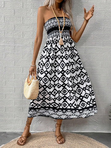 Women's Summer Holiday Geometric Print Wrapped Strapless Long Elegant Dress