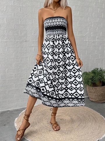 Women's Summer Holiday Geometric Print Wrapped Strapless Long Elegant Dress