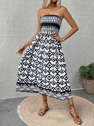 Women's Summer Holiday Geometric Print Wrapped Strapless Long Elegant Dress
