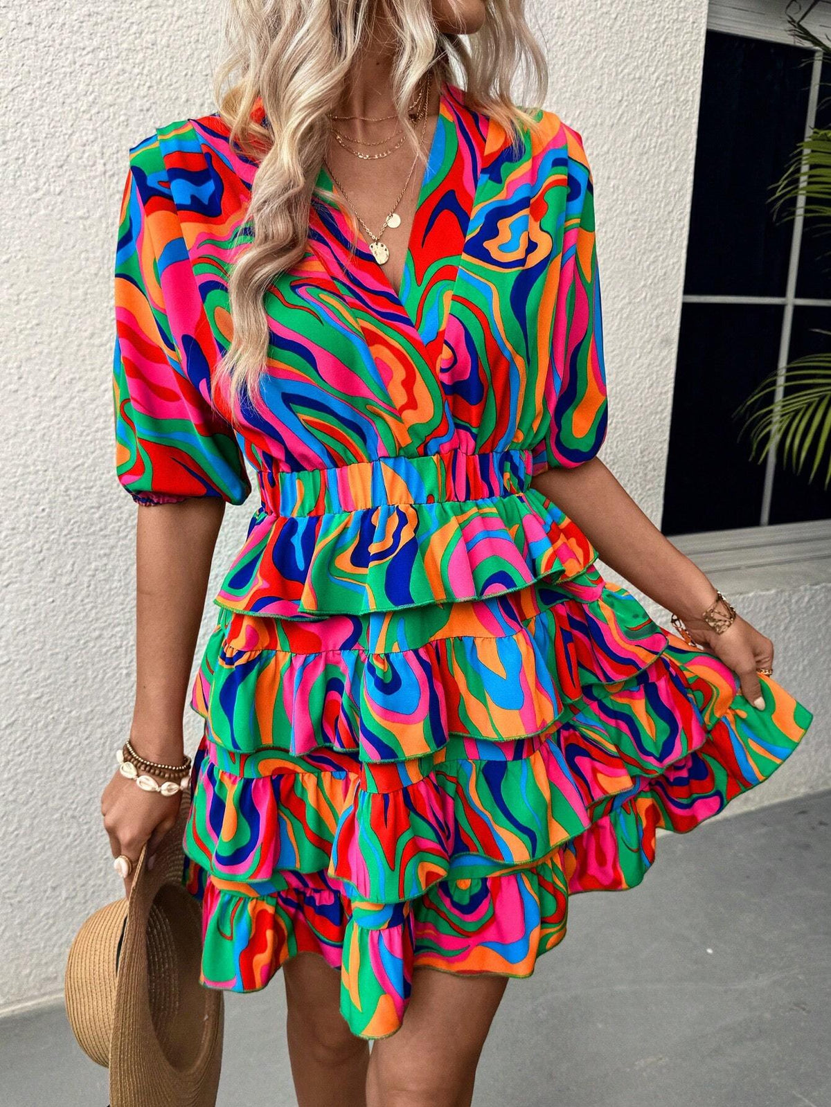 Women's Summer Holiday Marble Printed Ruffle Hem Dress