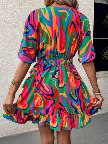 Women's Summer Holiday Marble Printed Ruffle Hem Dress