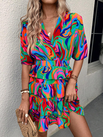 Women's Summer Holiday Marble Printed Ruffle Hem Dress