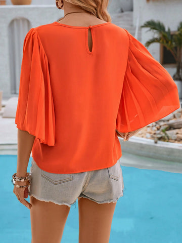 VCAY Women's Summer Holiday Solid Color Round Neck Loose Fit Blouse With Flounce Sleeves