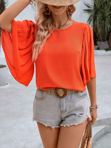 VCAY Women's Summer Holiday Solid Color Round Neck Loose Fit Blouse With Flounce Sleeves