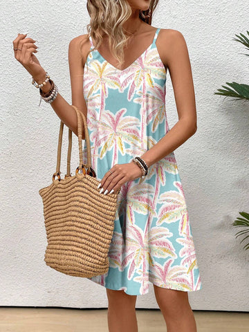 Women's Summer Holiday Style Palm Tree Printed Spaghetti Strap Dress