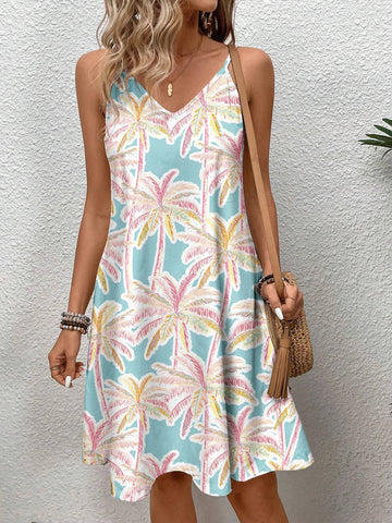 Women's Summer Holiday Style Palm Tree Printed Spaghetti Strap Dress
