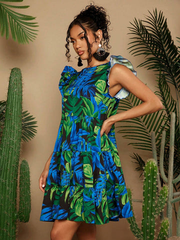 Women's Summer Holiday Tropical Plant Printed Cap Sleeve Mini Dress