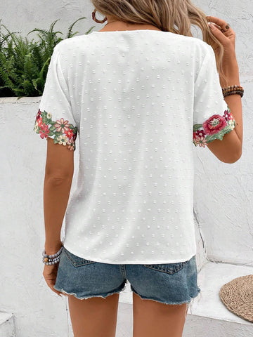 VCAY Women's Summer Lace Stitching Textured V-Neck White Shirt