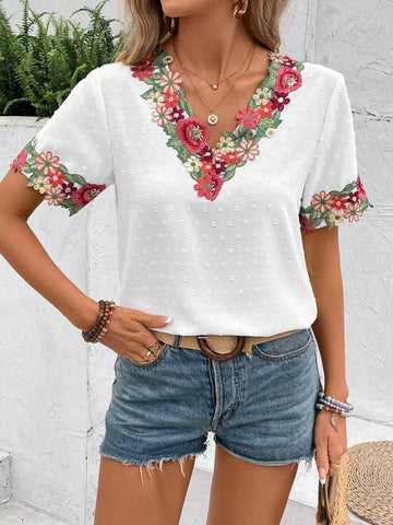 VCAY Women's Summer Lace Stitching Textured V-Neck White Shirt