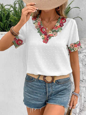 VCAY Women's Summer Lace Stitching Textured V-Neck White Shirt