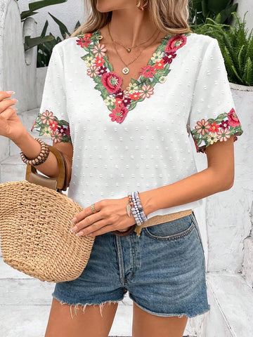VCAY Women's Summer Lace Stitching Textured V-Neck White Shirt