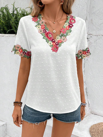 VCAY Women's Summer Lace Stitching Textured V-Neck White Shirt
