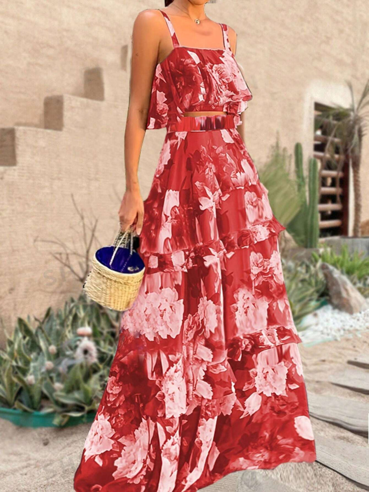 Women's Summer Red Random Print Two-Piece Cami Top And High-Waisted Maxi Skirt Set