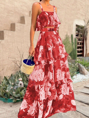 Women's Summer Red Random Print Two-Piece Cami Top And High-Waisted Maxi Skirt Set