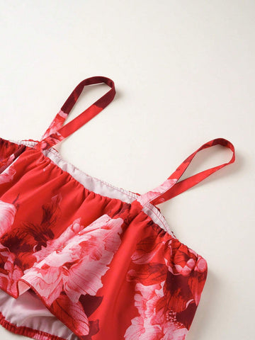 Women's Summer Red Random Print Two-Piece Cami Top And High-Waisted Maxi Skirt Set