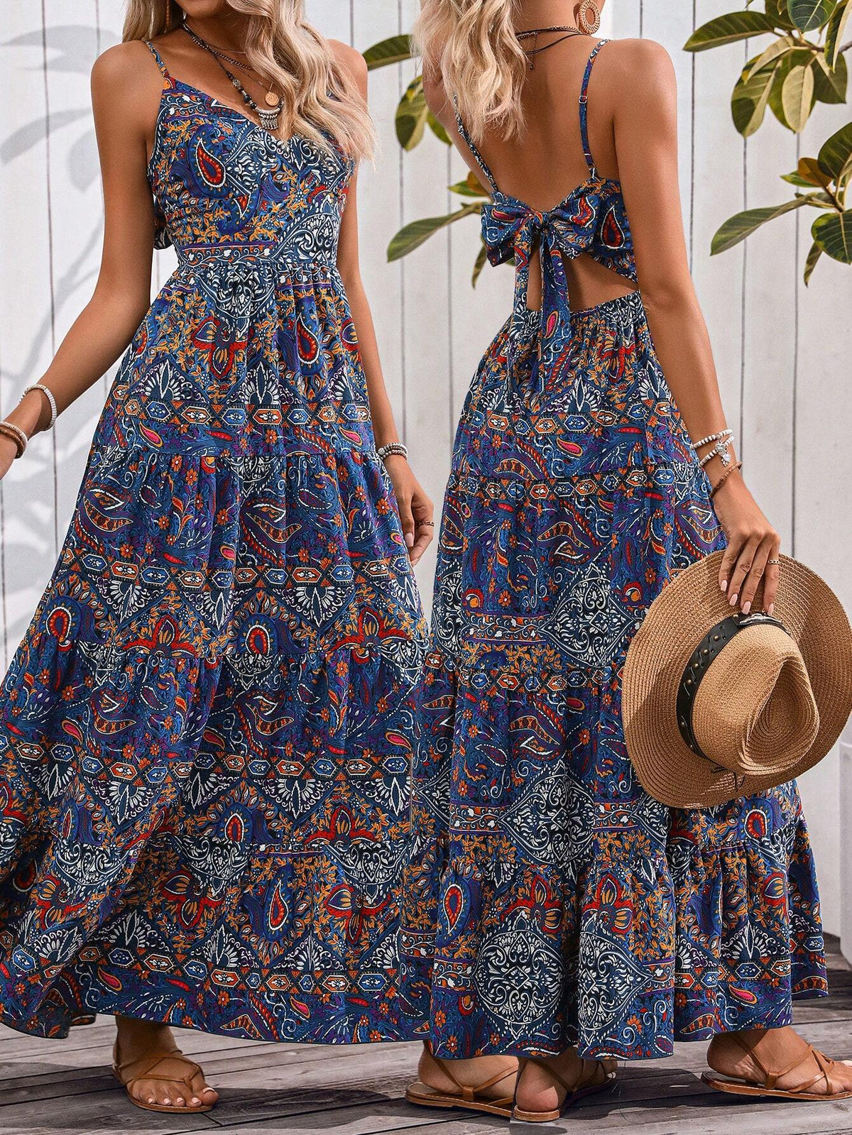 Women's Summer Retro Graphic Thin Strap Tie Back Beach Vacation Dress