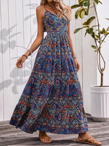 Women's Summer Retro Graphic Thin Strap Tie Back Beach Vacation Dress