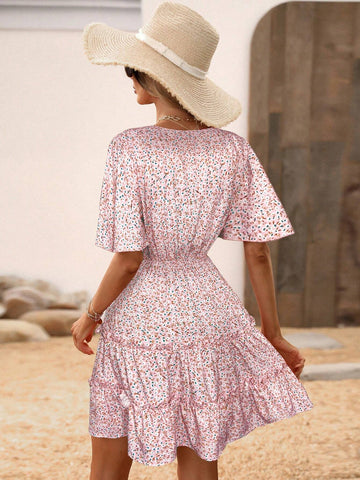 Women's Summer Ruffle Short Sleeve Casual Dress With Drawstring Waist